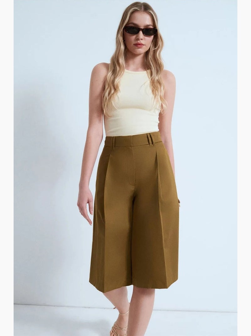 Short capri en popeline de coton à taille haute dilvin Kaki - Kiabi