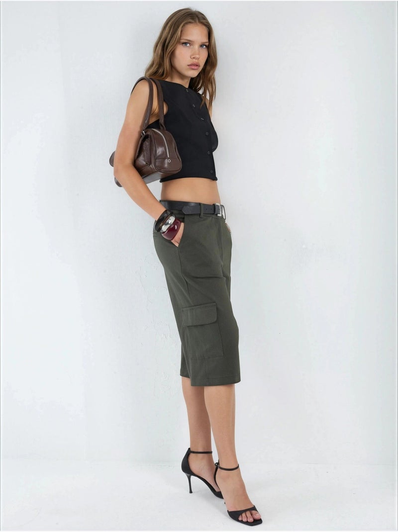 Short capri oversize taille basse Kaki - Kiabi