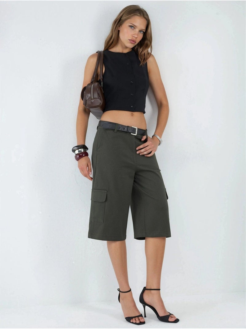 Short capri oversize taille basse Kaki - Kiabi