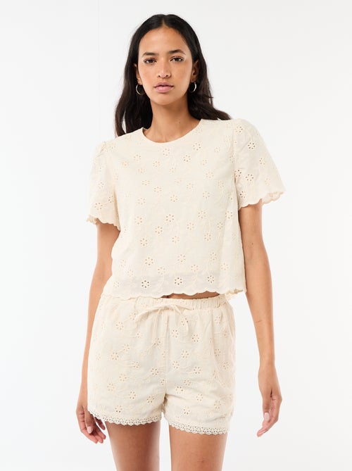 Short court broderies anglaises en coton uni - Kiabi