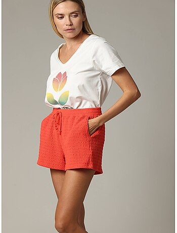 Short court en tissu gaufré avec taille élastiquée et cordon 'Deeluxe'