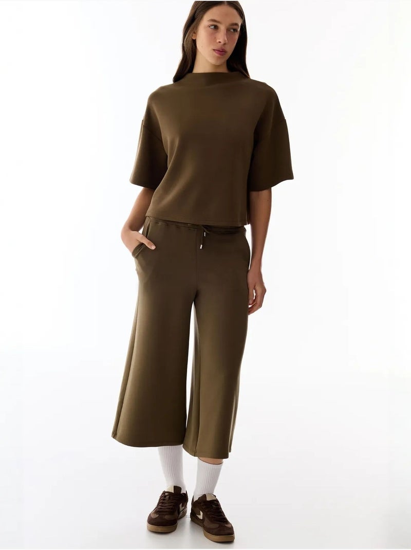 Short culotte en maille, coupe oversize, taille mi-haute penti Kaki - Kiabi