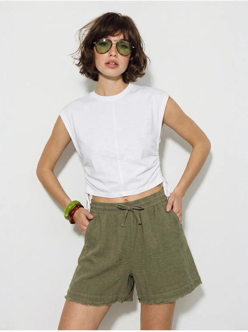 Short en coton à taille haute et jambe large lucci Kaki - Kiabi