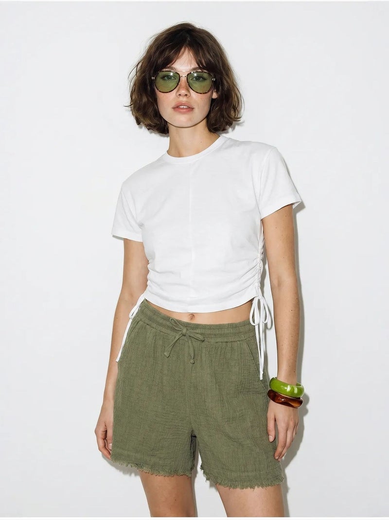 Short en coton à taille haute et jambe large lucci Kaki - Kiabi