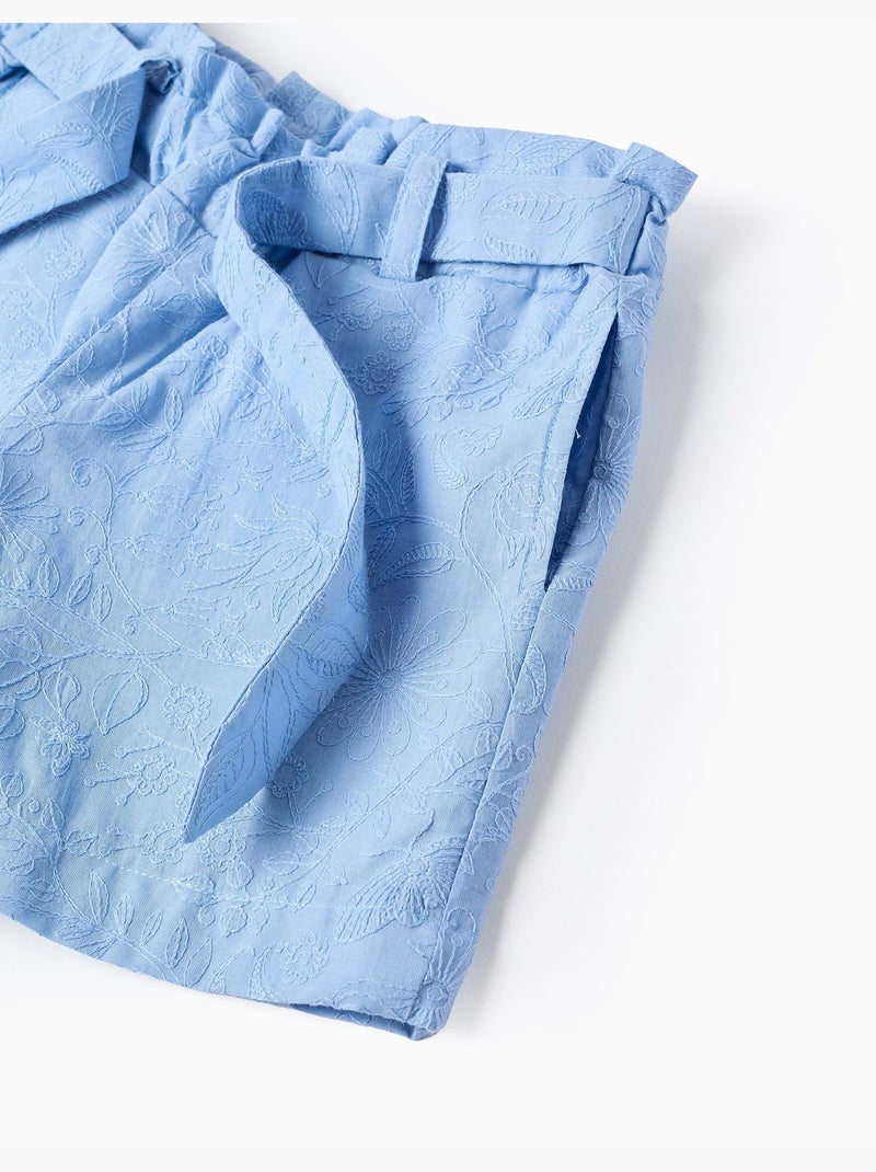 Short en coton avec broderie et ceinture Bleu clair - Kiabi