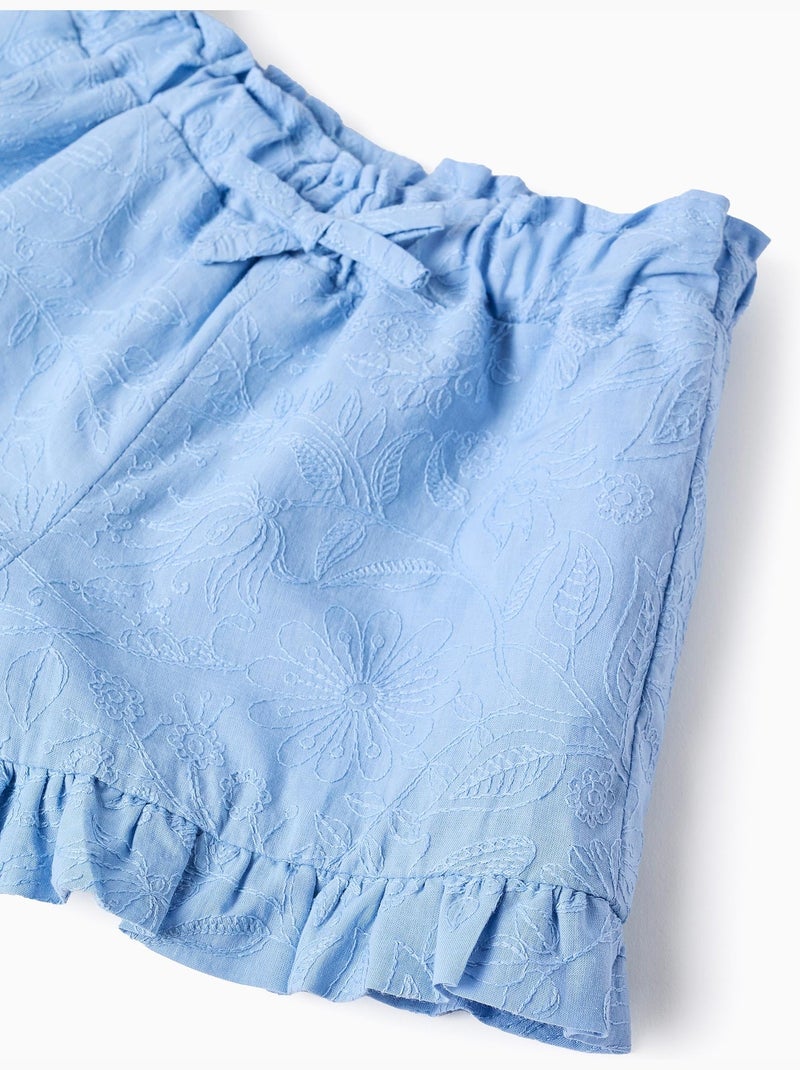 Short en coton avec broderies et volants Bleu clair - Kiabi