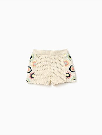 Short en coton avec fleurs au crochet