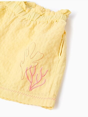 Short en coton avec taille paperbag et broderie