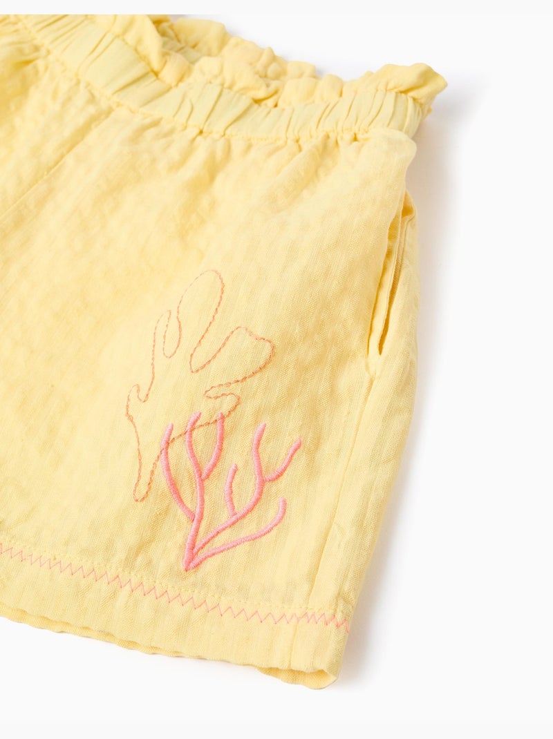 Short en coton avec taille paperbag et broderie Jaune clair - Kiabi