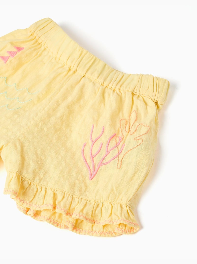 Short en coton avec volants et broderie Jaune clair - Kiabi