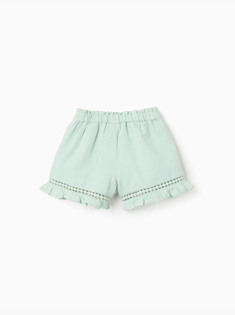 Short en coton et lin avec ourlet à volants Vert clair - Kiabi