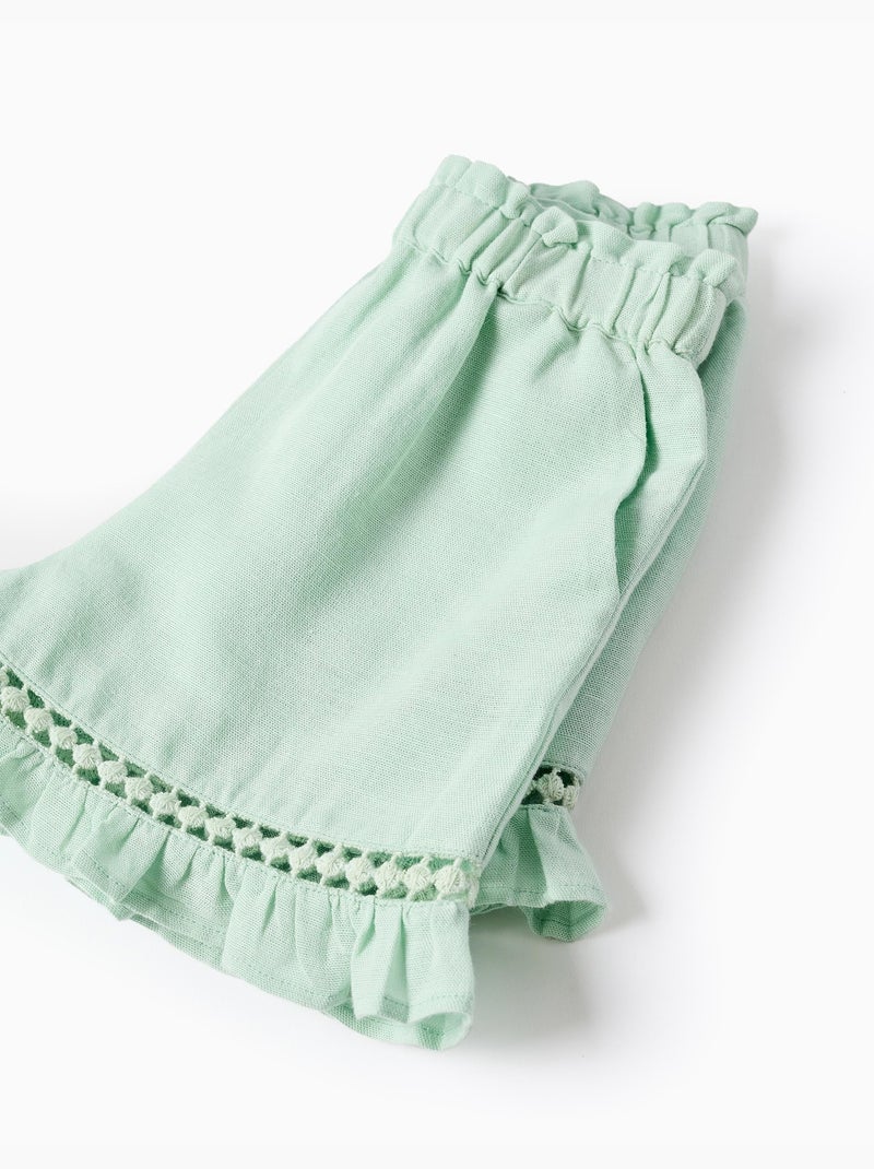 Short en coton et lin avec ourlet à volants Vert clair - Kiabi