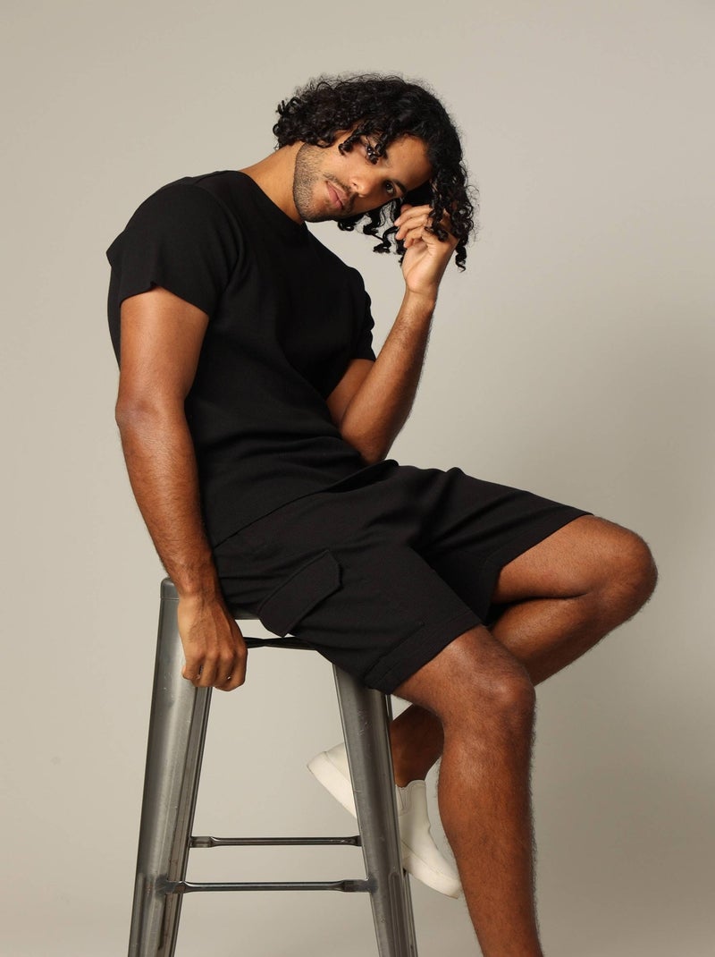 Short en coton gaufré à la taille élastiquée avec cordon 'Deeluxe' Noir - Kiabi