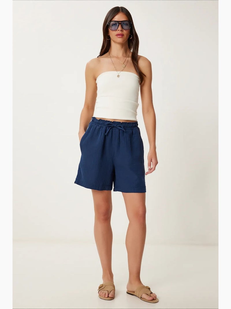 Short en coton taille haute et jambes larges istanbul Bleu marine - Kiabi
