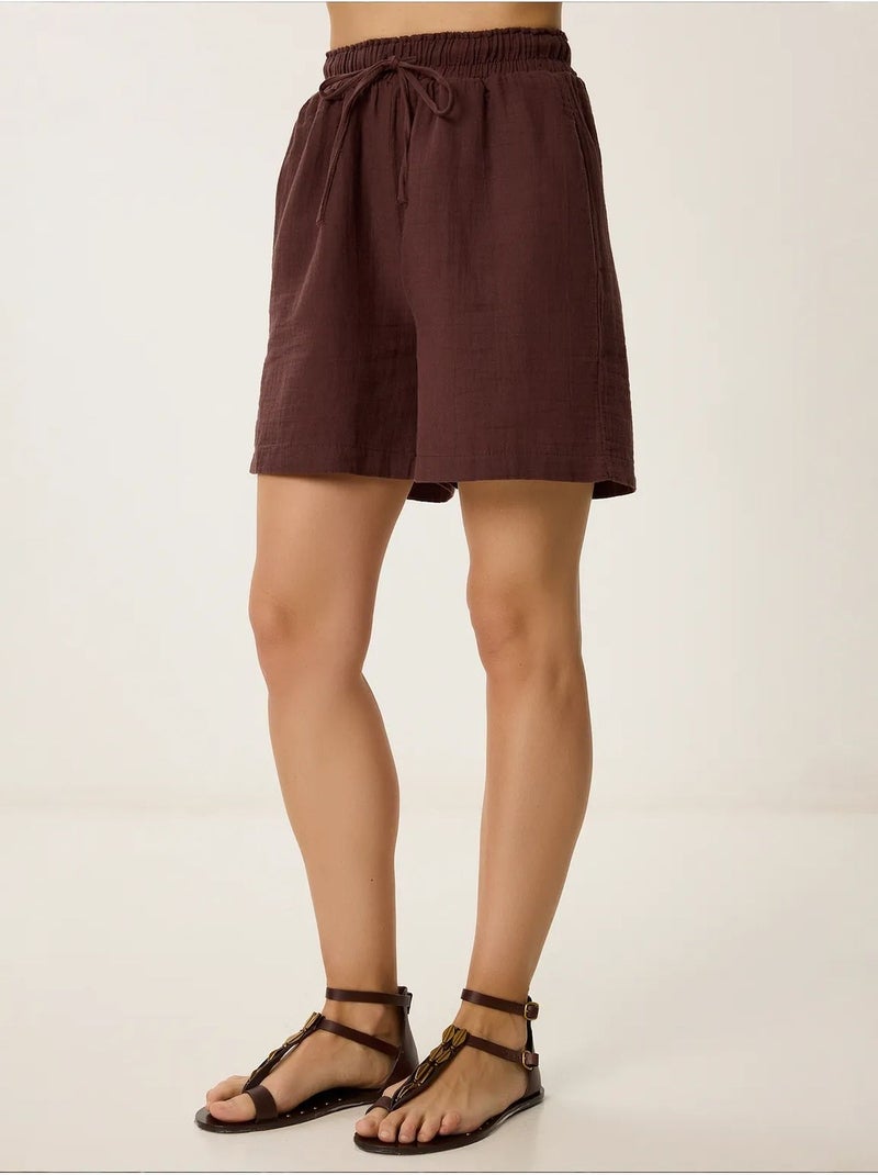 Short en coton taille haute et jambes larges istanbul Marron - Kiabi
