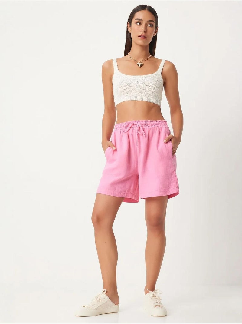 Short en coton taille haute et jambes larges istanbul Rose clair - Kiabi