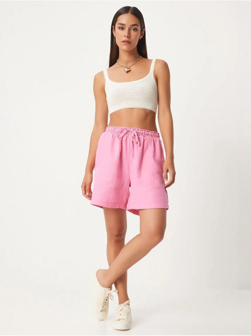 Short en coton taille haute et jambes larges istanbul Rose clair - Kiabi