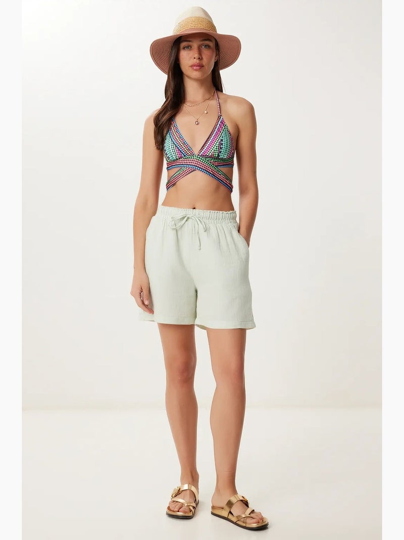 Short en coton taille haute et jambes larges istanbul Vert menthe - Kiabi