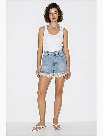 Short en denim de coton taille haute avec dentelle lucci