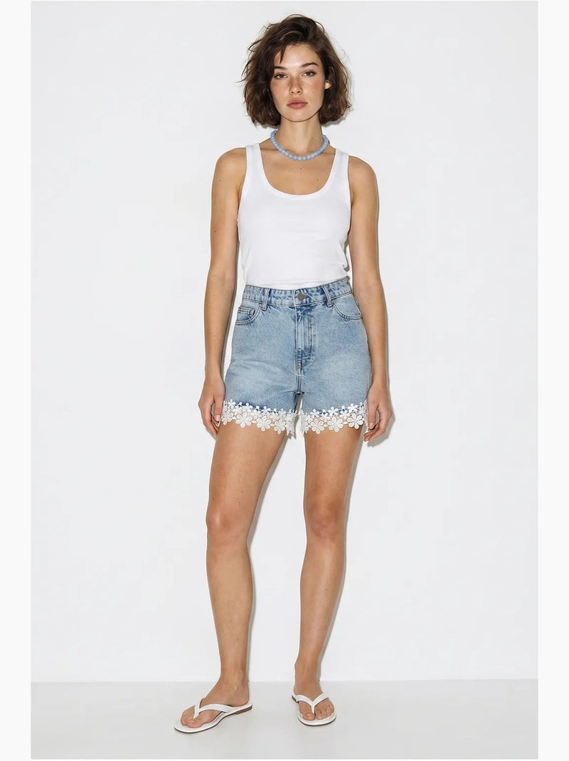 Short en denim de coton taille haute avec dentelle lucci Bleu saphir - Kiabi