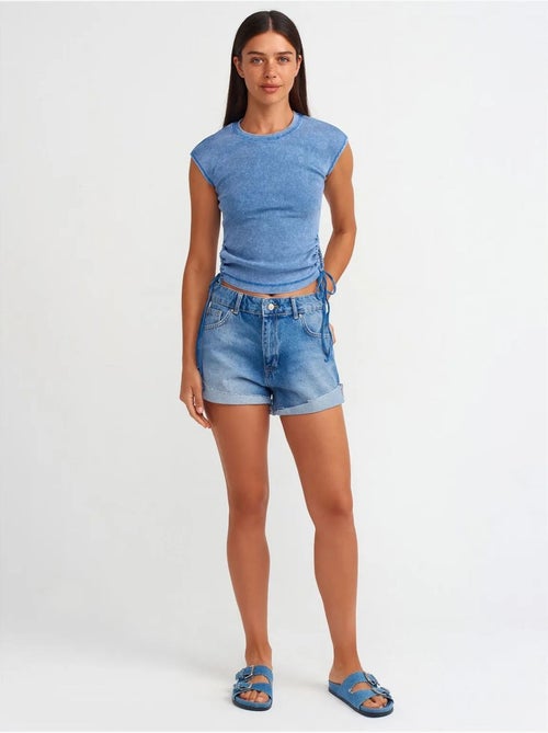 Short En Denim De Coton Taille Haute - Kiabi