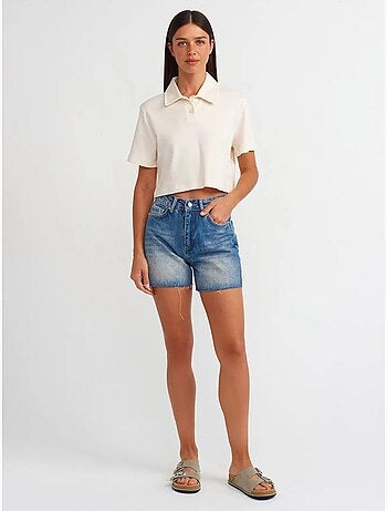 Short En Denim Taille Haute À Bouton