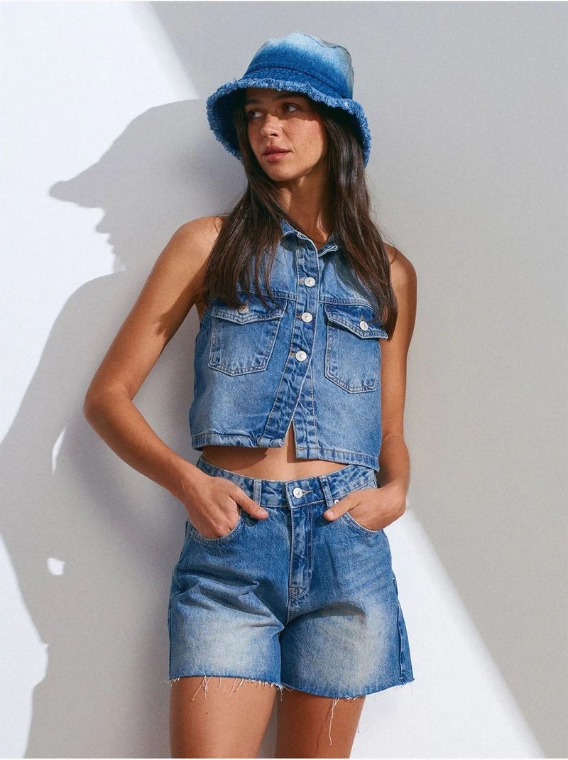 Short en denim taille haute à bouton dilvin Bleu clair - Kiabi