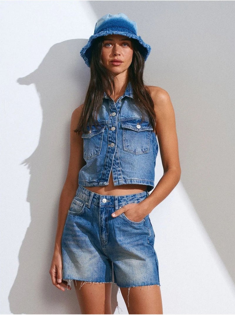 Short en denim taille haute à bouton dilvin Bleu clair - Kiabi