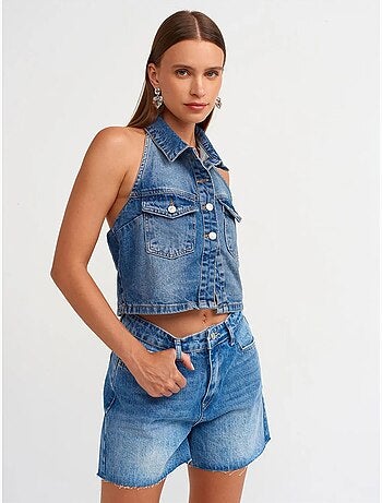 Short en denim taille haute à bouton dilvin