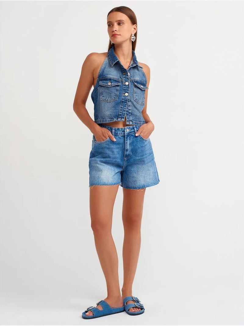Short en denim taille haute à bouton dilvin Bleu saphir - Kiabi