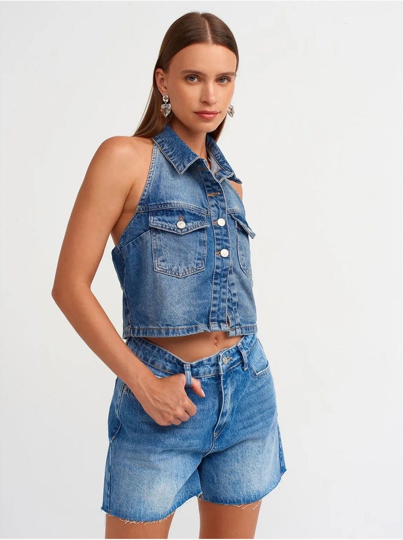 Short en denim taille haute à bouton dilvin Bleu saphir - Kiabi