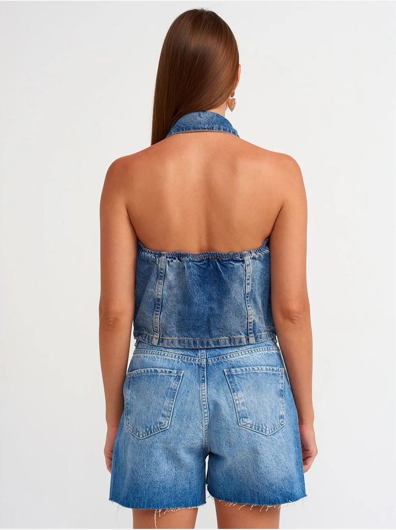 Short en denim taille haute à bouton dilvin Bleu saphir - Kiabi