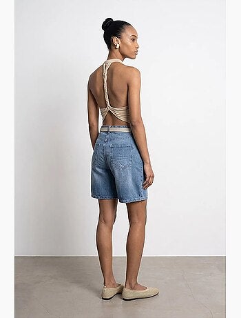 Short en denim taille haute à jambe large avec ceinture dilvin