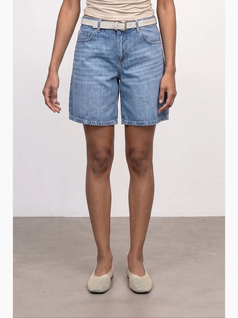 Short en denim taille haute à jambe large avec ceinture dilvin Bleu saphir - Kiabi