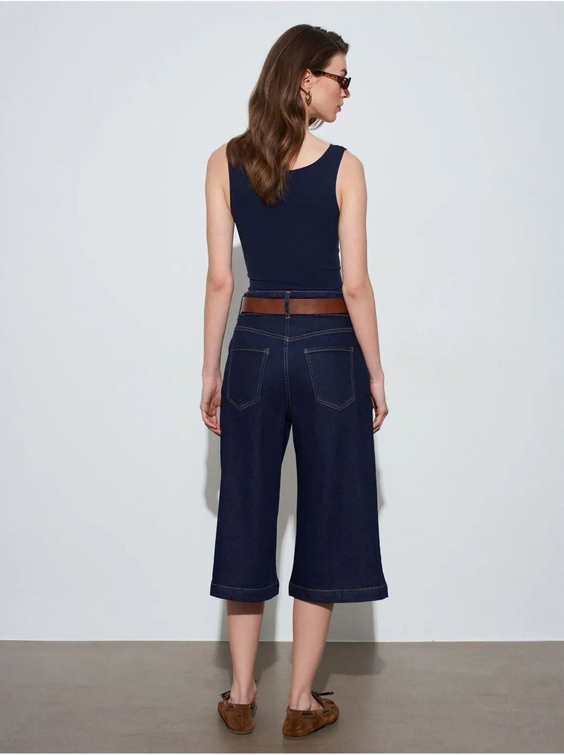 Short En Denim Taille Haute À Jambe Large Bleu outremer - Kiabi