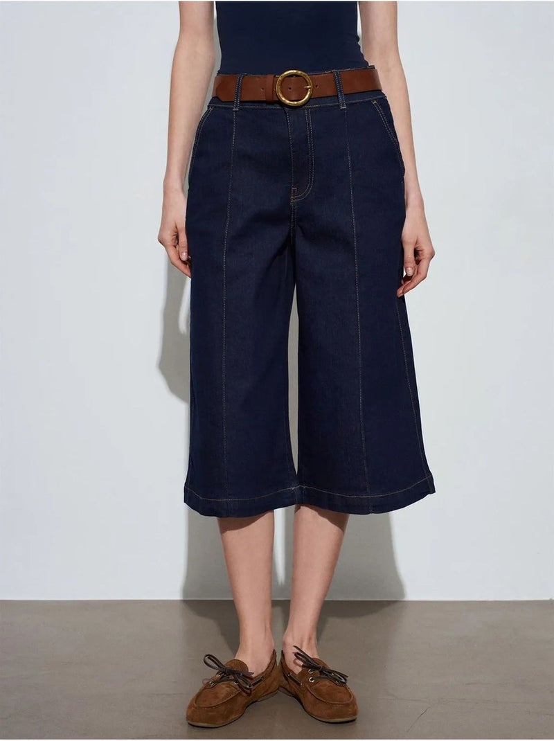 Short En Denim Taille Haute À Jambe Large Bleu outremer - Kiabi