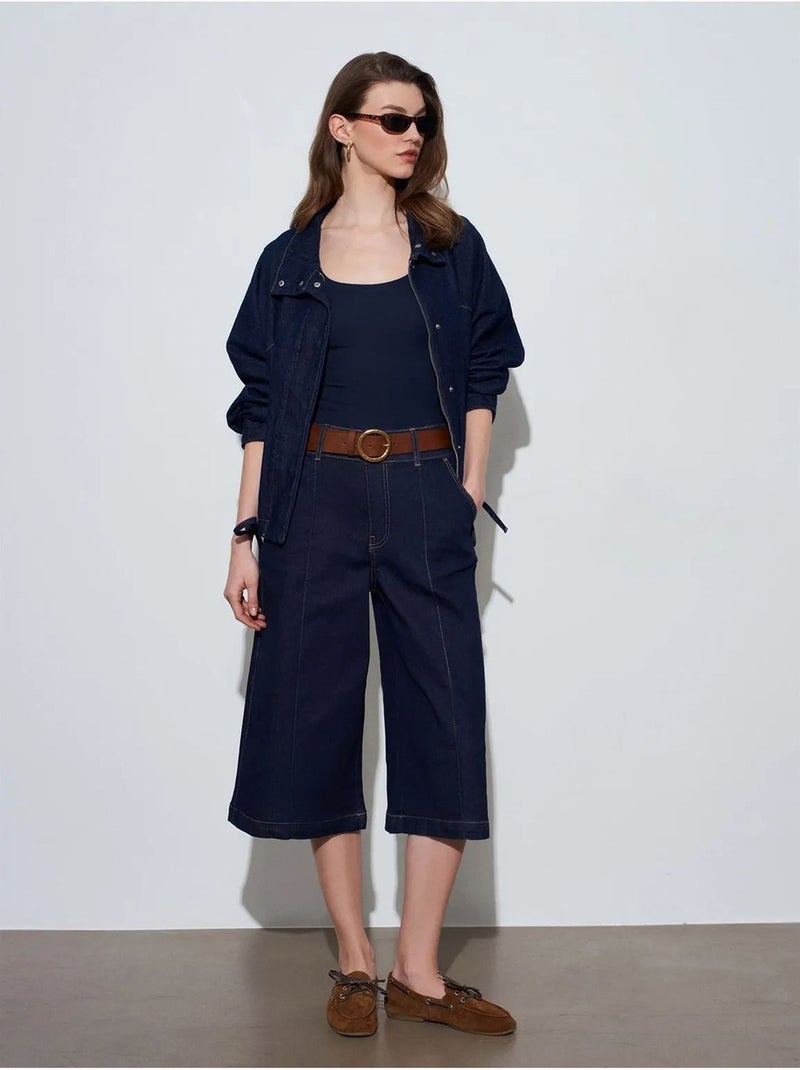 Short En Denim Taille Haute À Jambe Large Bleu outremer - Kiabi