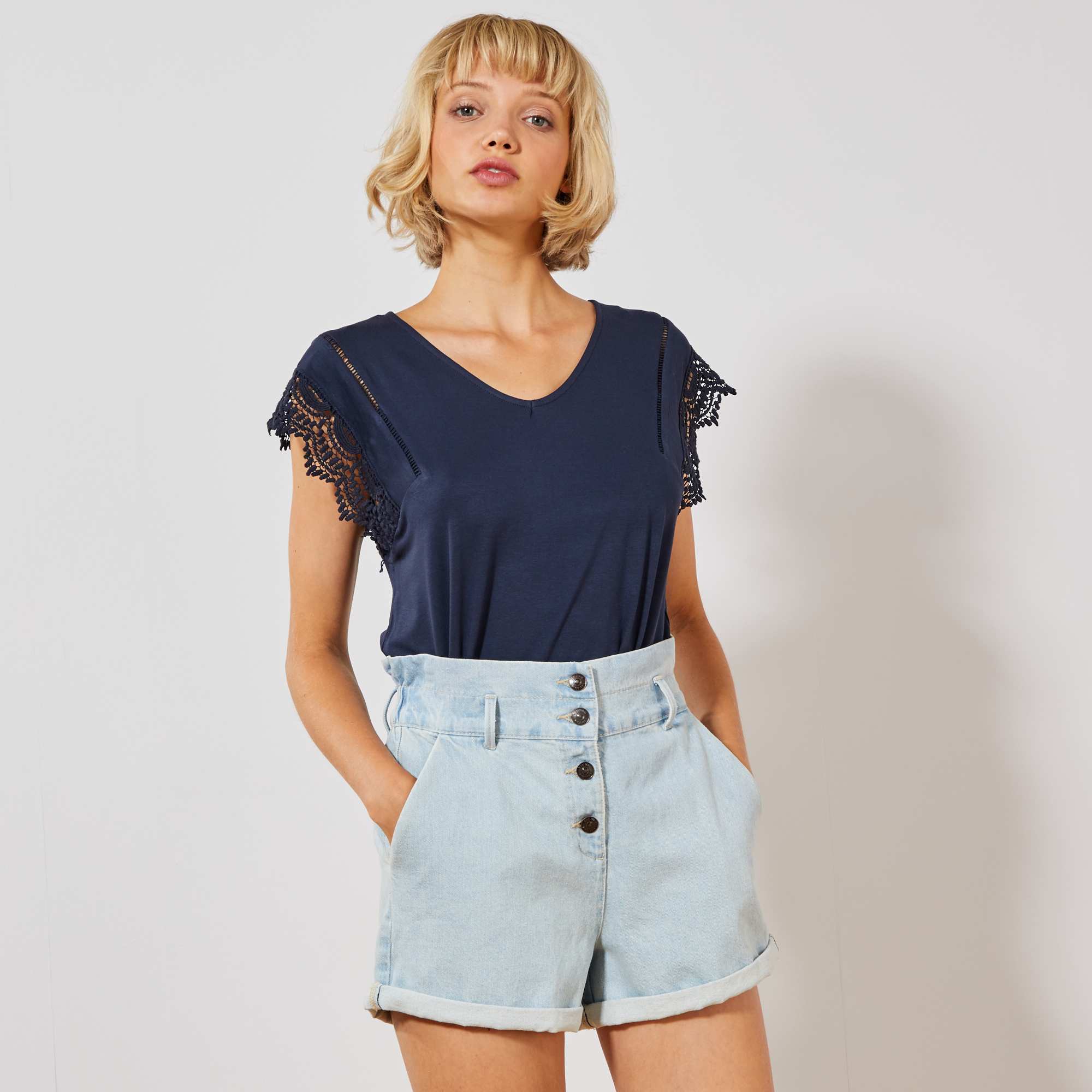 Short en denim taille haute Femme - bleu bleached - Kiabi - 12,00€