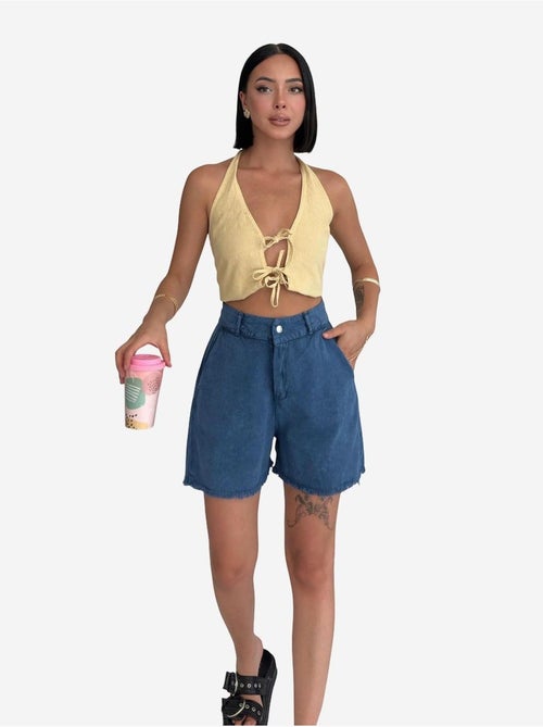 Short en gabardine taille haute à jambes larges et déchirées my fashion - Kiabi Short en gabardine taille haute à jambes larges et déchirées my fashion - Kiabi