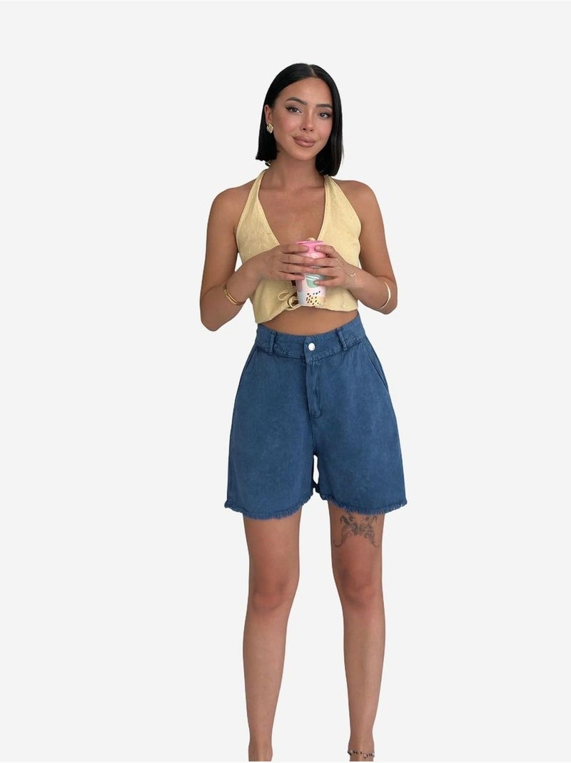 Short en gabardine taille haute à jambes larges et déchirées my fashion Bleu cobalt - Kiabi