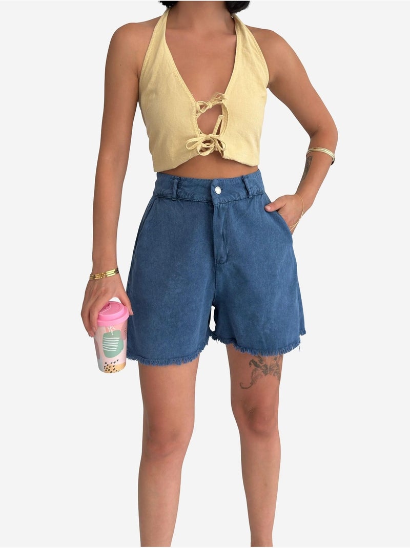 Short en gabardine taille haute à jambes larges et déchirées my fashion Bleu cobalt - Kiabi