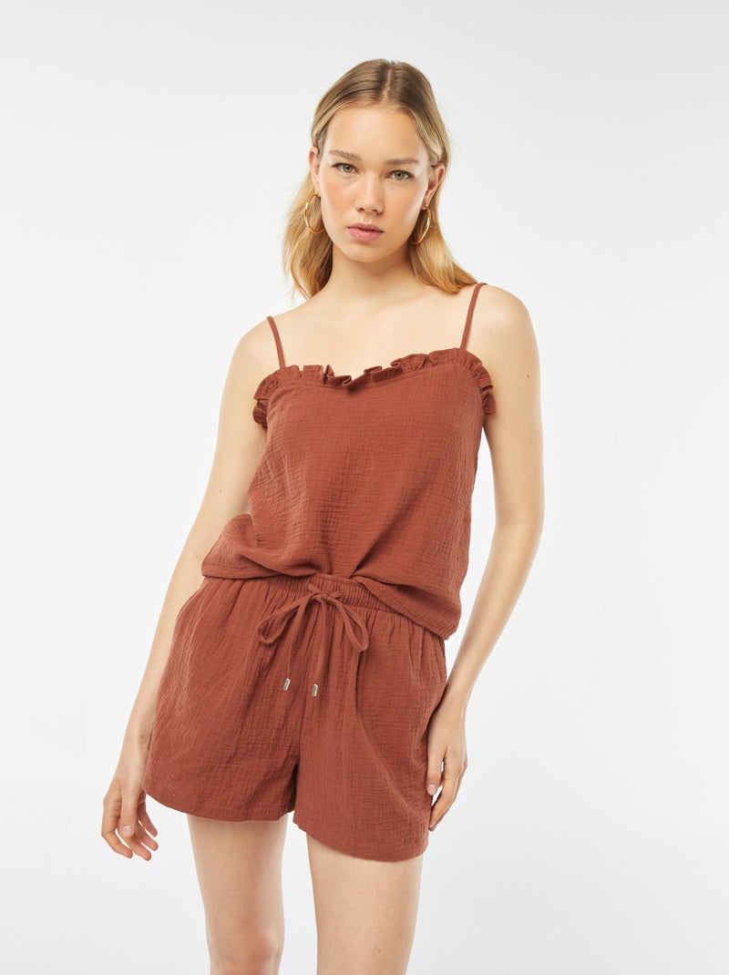 Short en gaze de coton Marron - Kiabi