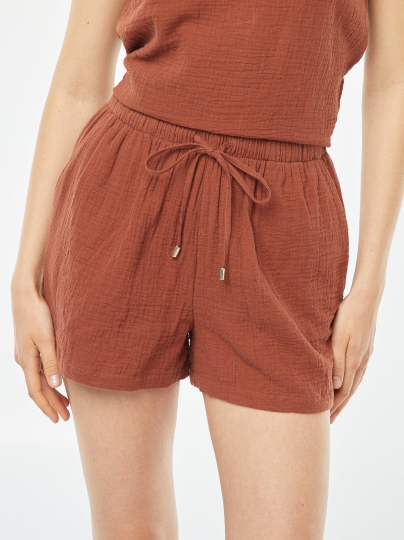 Short en gaze de coton Marron - Kiabi
