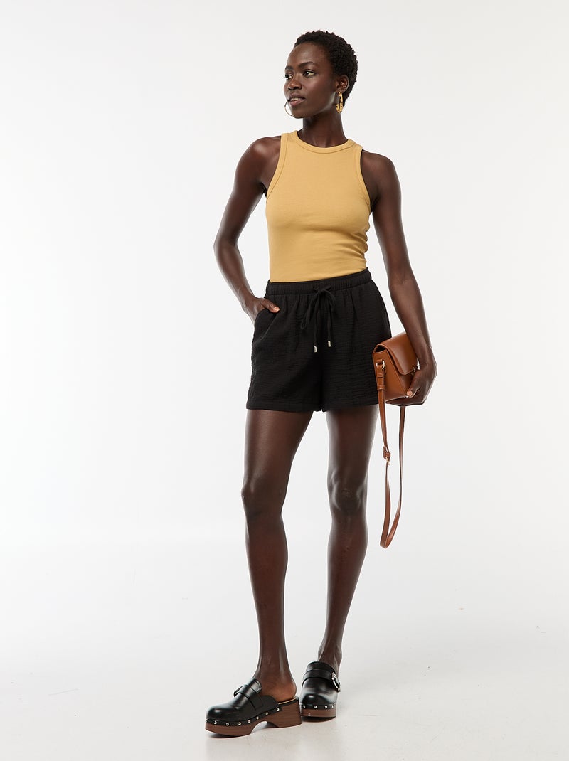 Short en gaze de coton uni Noir - Kiabi