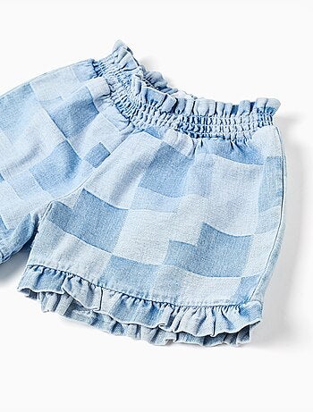 Short en jean à carreaux et ourlets à volants
