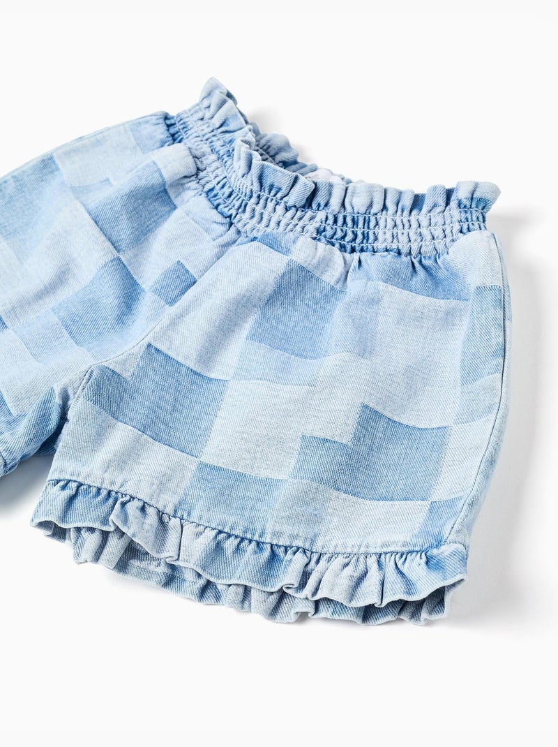Short en jean à carreaux et ourlets à volants Bleu clair - Kiabi