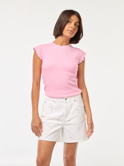 Short en jean avec broderies à fleurs - Kiabi