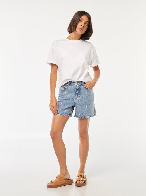 Short en jean avec broderies à fleurs - Kiabi
