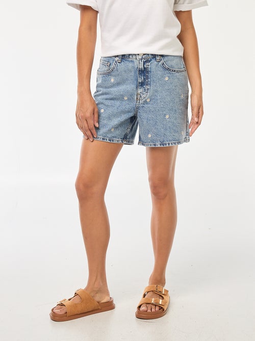 Short en jean avec broderies à fleurs - Kiabi