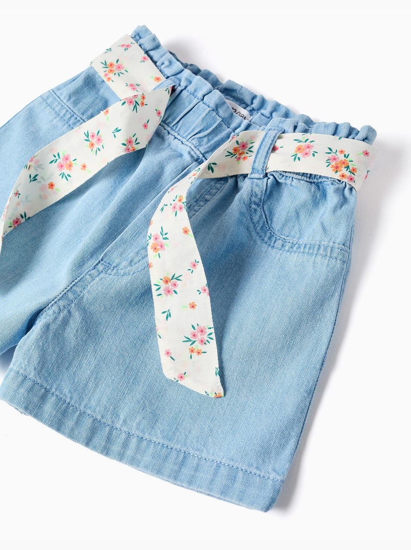 Short en jean avec ceinture à motif floral Bleu clair - Kiabi
